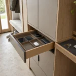 Custom entryway cabinet with an open charging drawer and separate key tray.