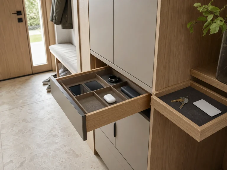 Custom entryway cabinet with an open charging drawer and separate key tray.