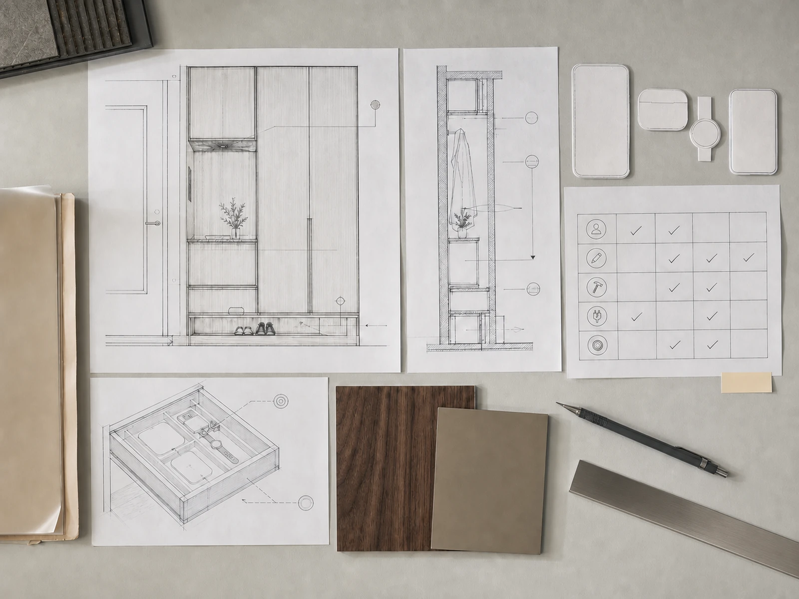 Cabinet drawings with device templates and power interface notes for a charging drawer.