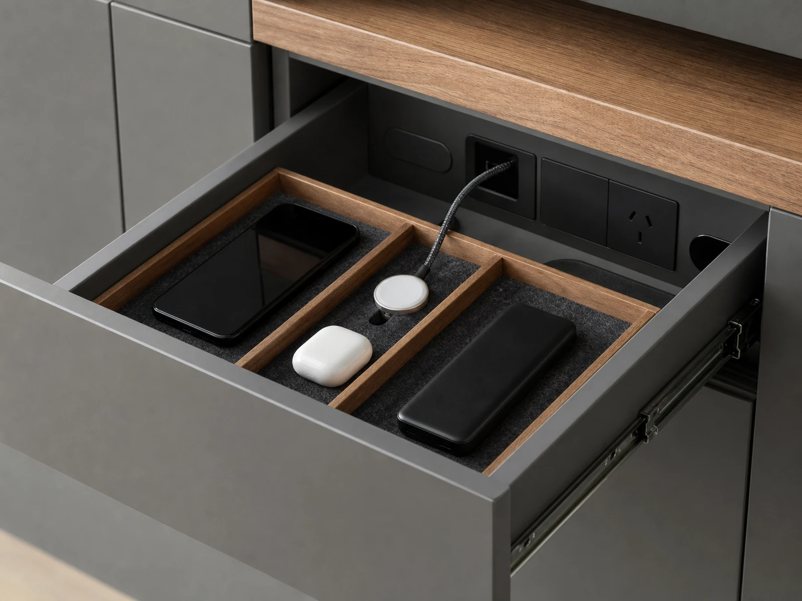 Open charging drawer with removable organizers and accessible cable entry.