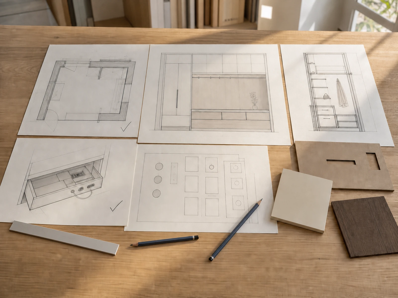 Entryway cabinet plan elevation section and detail reviewed together on a project table.