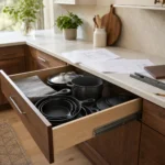 Open walnut cookware drawer beside cabinet plans and hardware samples.