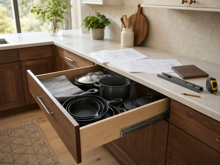 Open walnut cookware drawer beside cabinet plans and hardware samples.