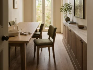Narrow dining room with a pulled-out chair, low stone-top sideboard, and a clear walking route.