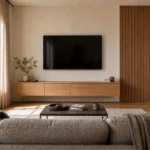 Modern living room with a wall-mounted TV, floating cabinet, and partial slatted panel.