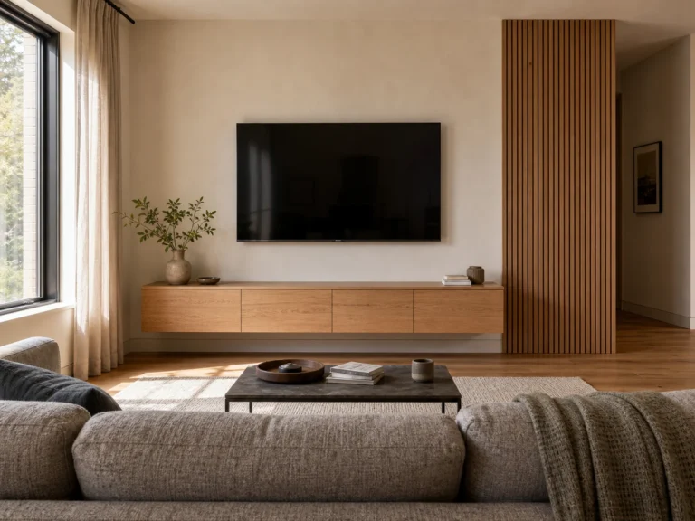 Modern living room with a wall-mounted TV, floating cabinet, and partial slatted panel.