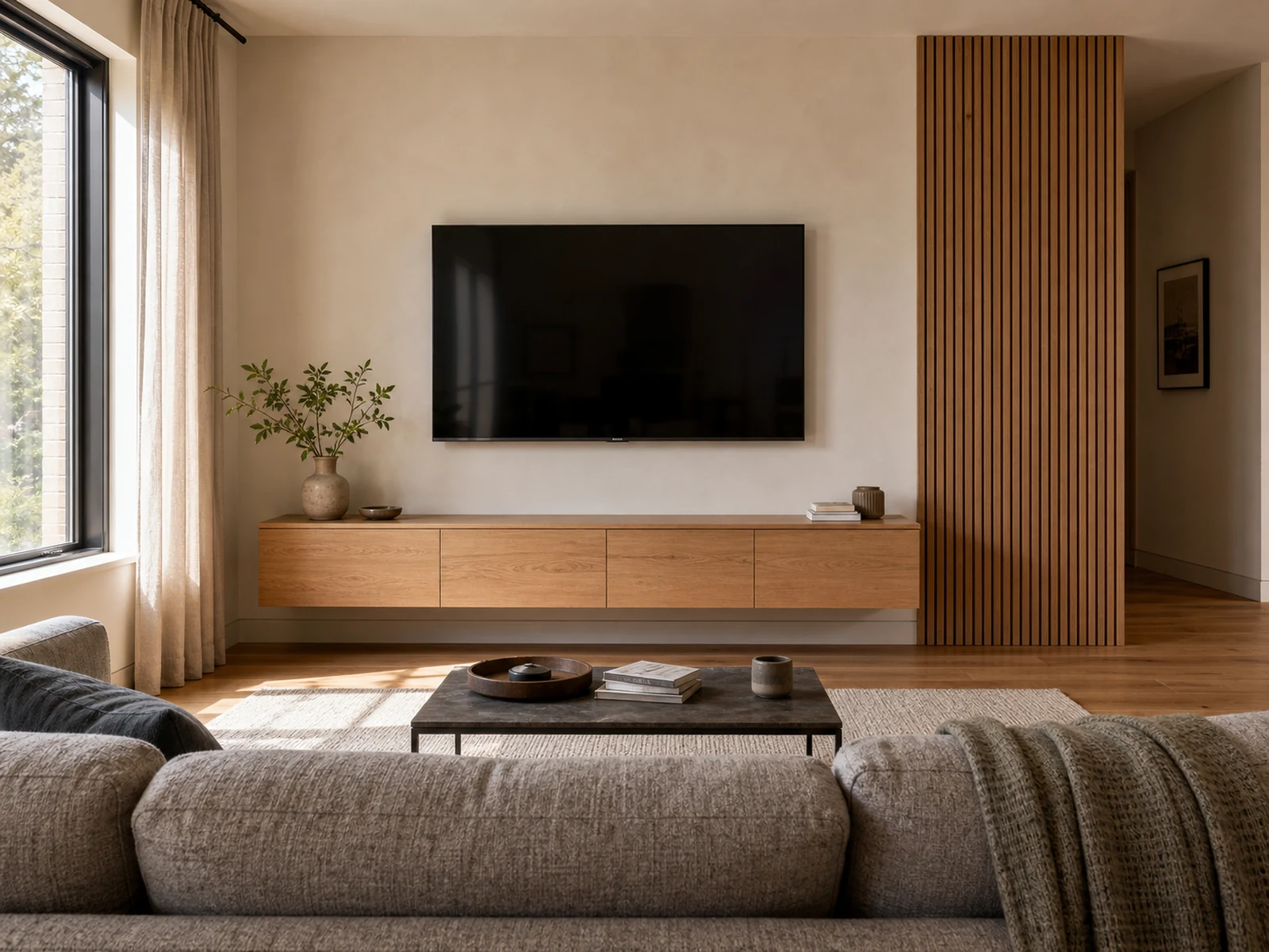 Modern living room with a wall-mounted TV, floating cabinet, and partial slatted panel.