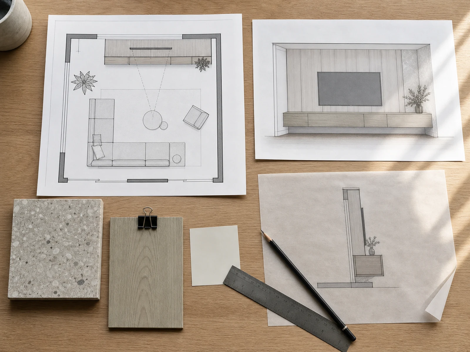 Designer reviewing a TV wall elevation beside a sofa plan.