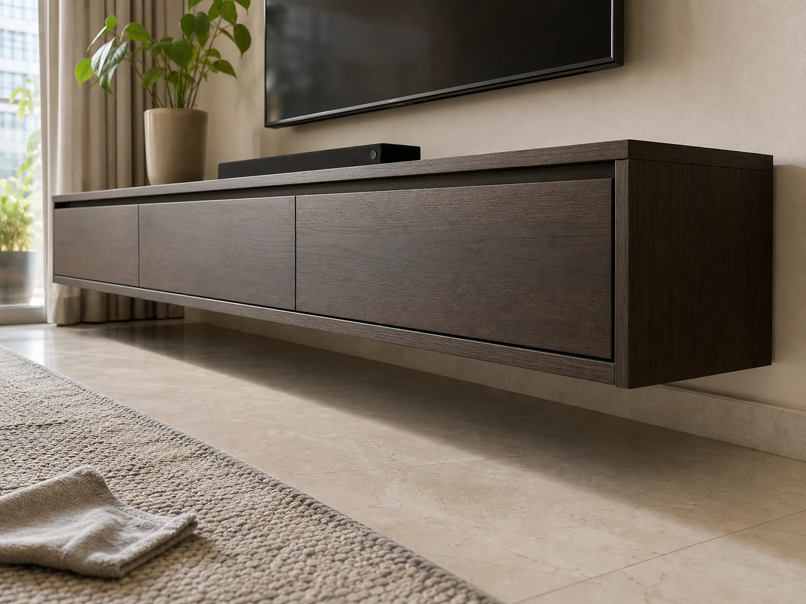 Floor clearance below a floating TV cabinet with drawers.