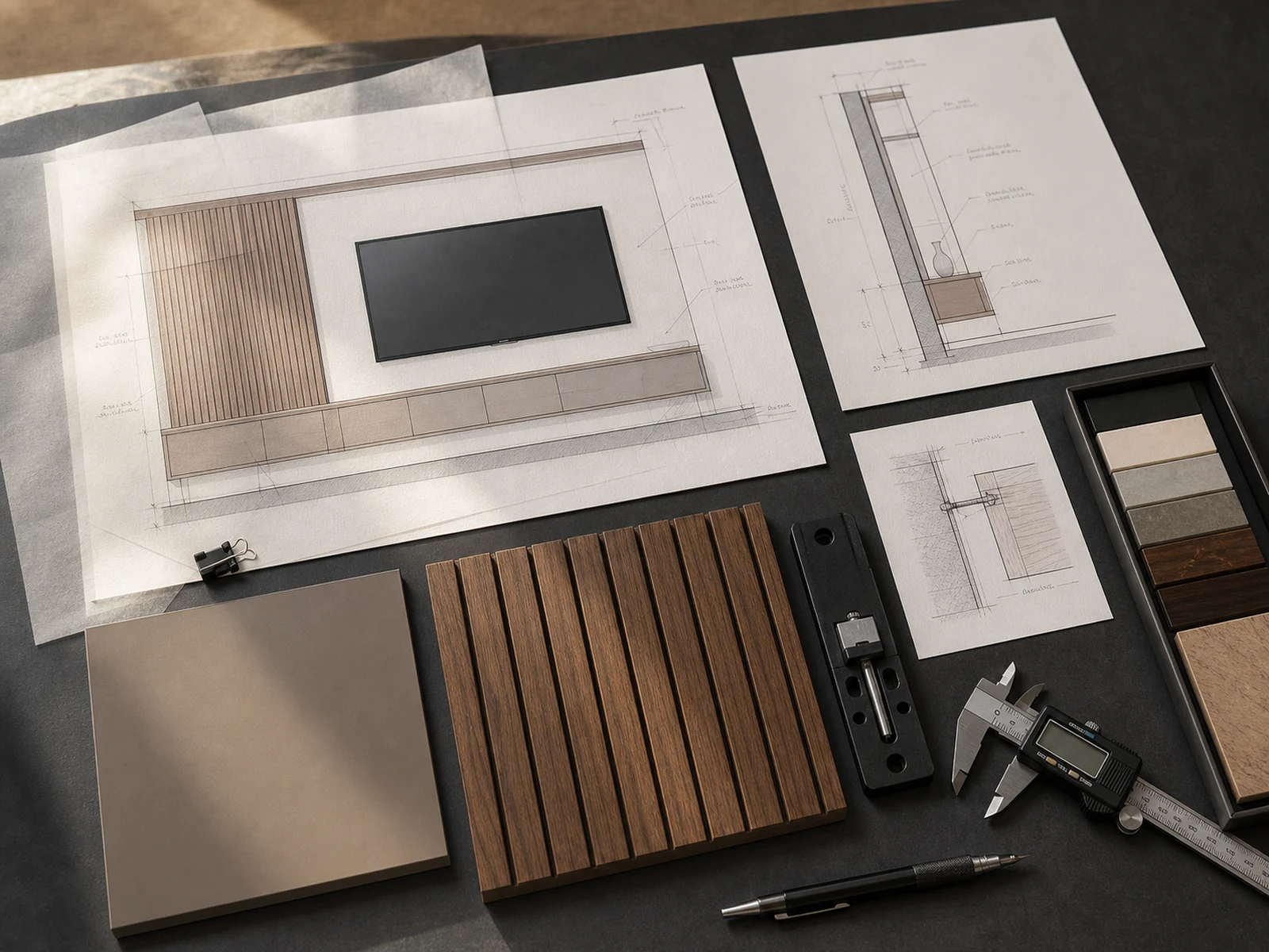 TV wall elevation and floating cabinet section with slatted-panel samples.