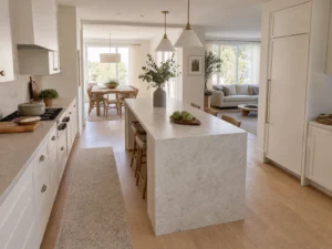 Single waterfall stone island with separate working and household routes in an open-plan kitchen.