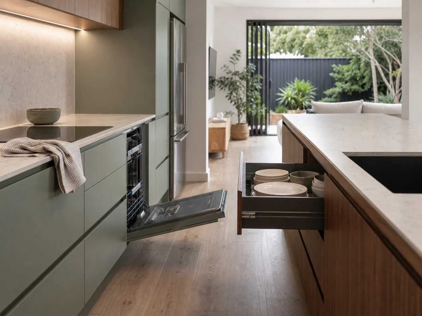 Dishwasher door and wide drawer open beside a single kitchen island with a usable working aisle.