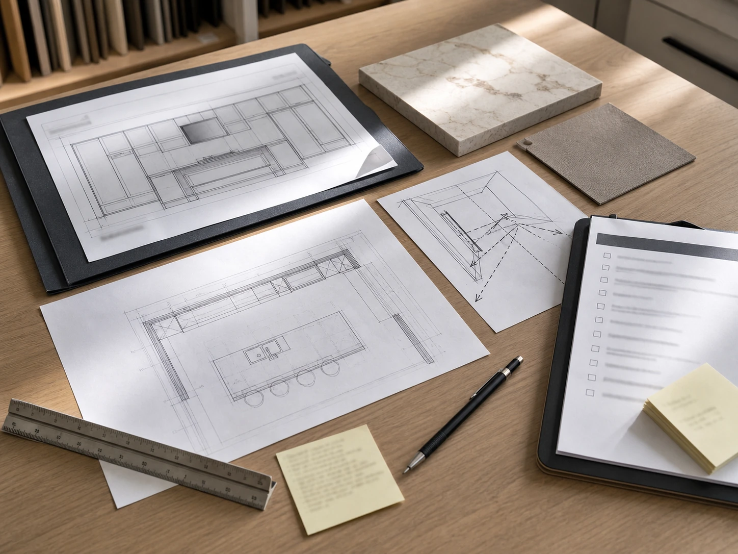Island plan, cabinet elevation, stone sample, access-route sketch, and installation notes on a design worktable.