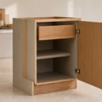 Cutaway custom cabinet showing the panel core, decorative surface, edge band and concealed hinge.