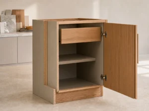 Cutaway custom cabinet showing the panel core, decorative surface, edge band and concealed hinge.