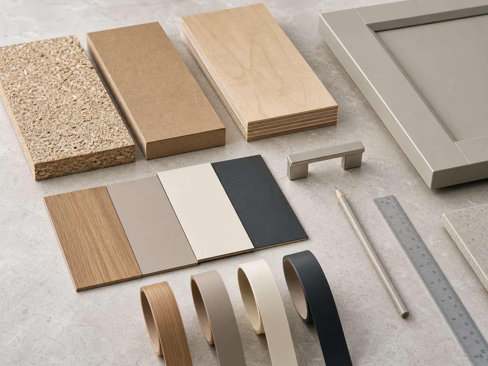 Cabinet panel cores, decorative surface samples and matching edge bands arranged on a material table.