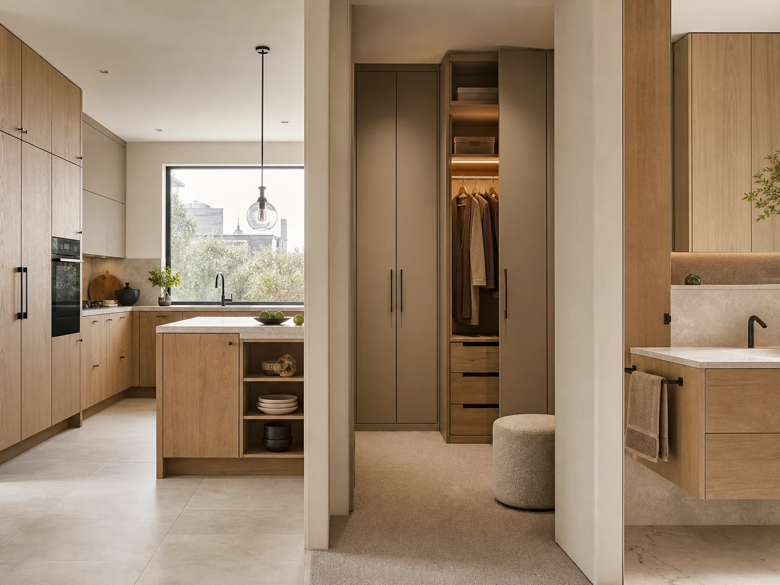 Coordinated kitchen, wardrobe and bathroom vanity with consistent finishes and room-specific cabinet construction.