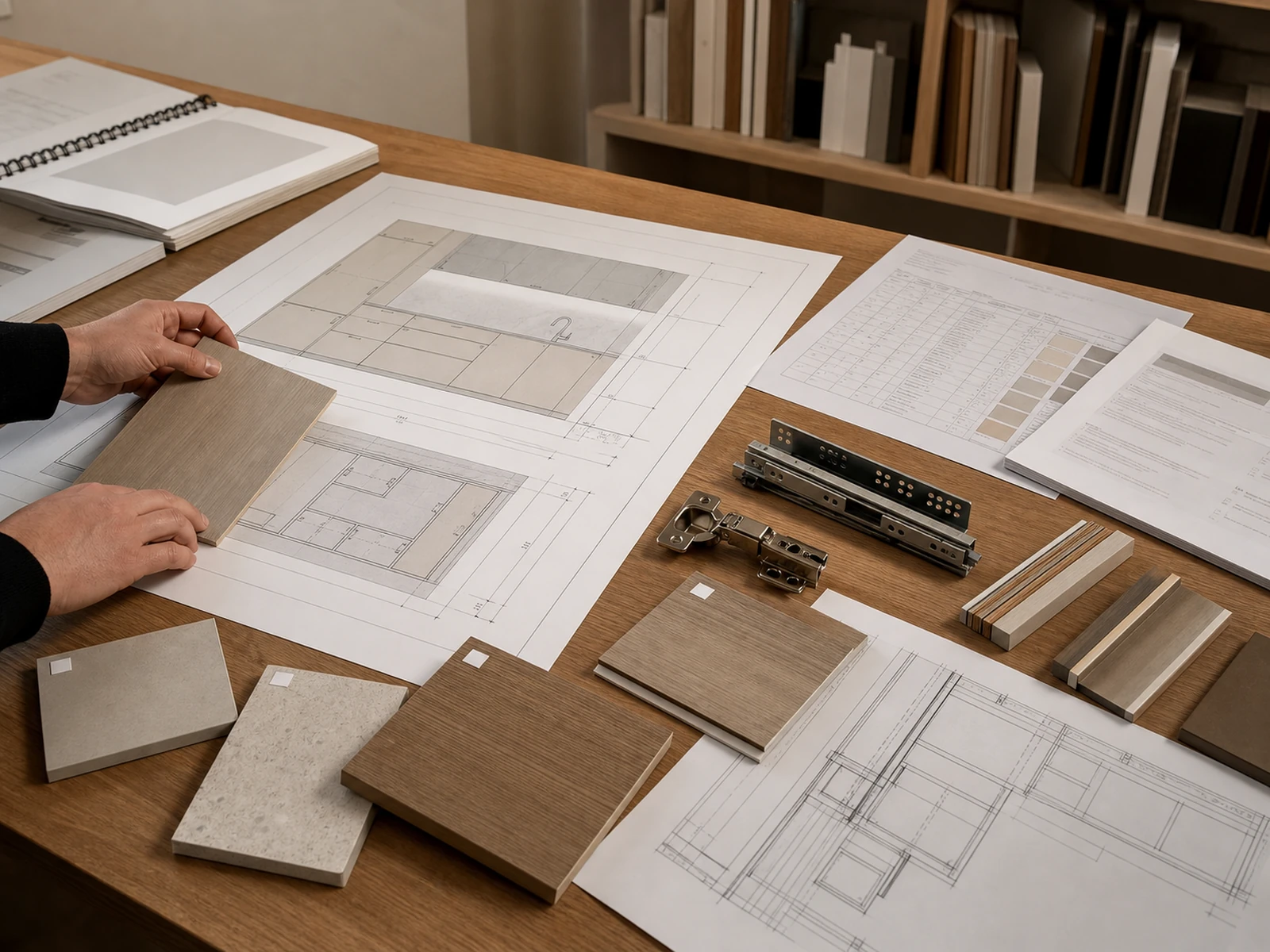 Cabinet elevation, material schedule, finish samples and hardware documents reviewed on a studio table.