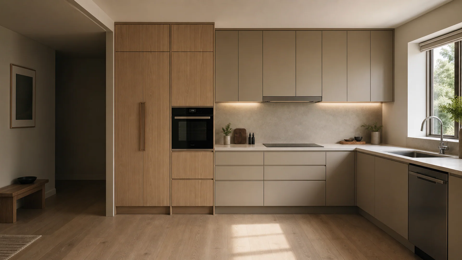 Custom kitchen cabinet wall with integrated appliances in a contemporary residential interior