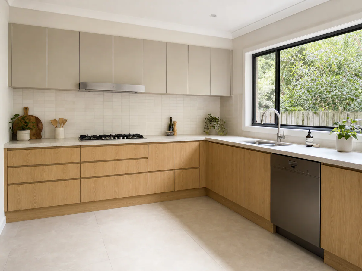 Layout completo de armário de cozinha em formato L em uma casa familiar