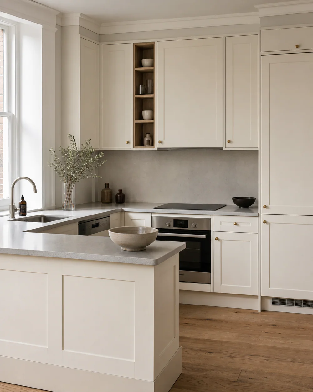 Gabinetes de cocina Shaker en blanco cálido en un apartamento refinado con una península compacta