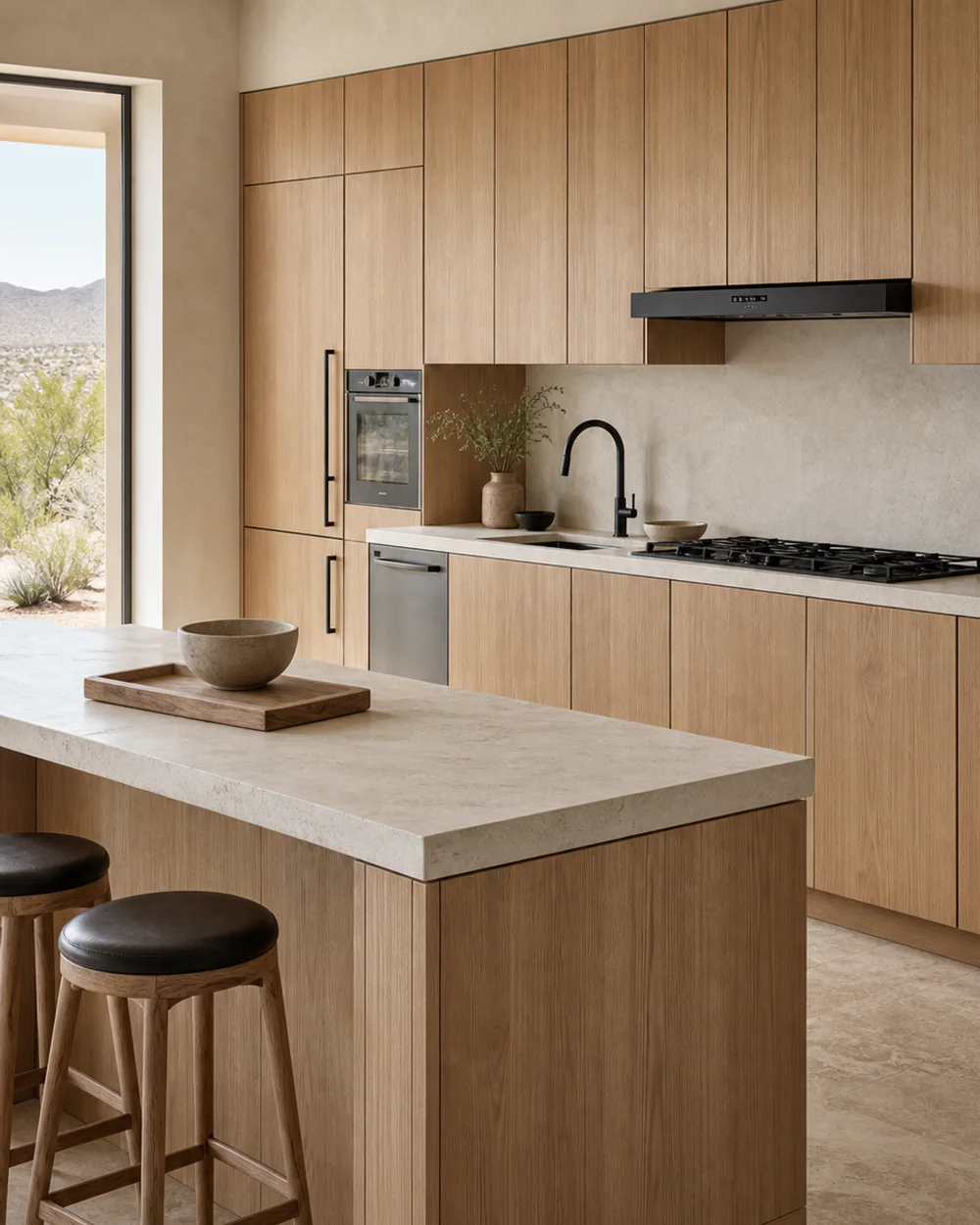 Gabinetes de cocina de roble blanco natural con vetas de madera alineadas y una isla independiente