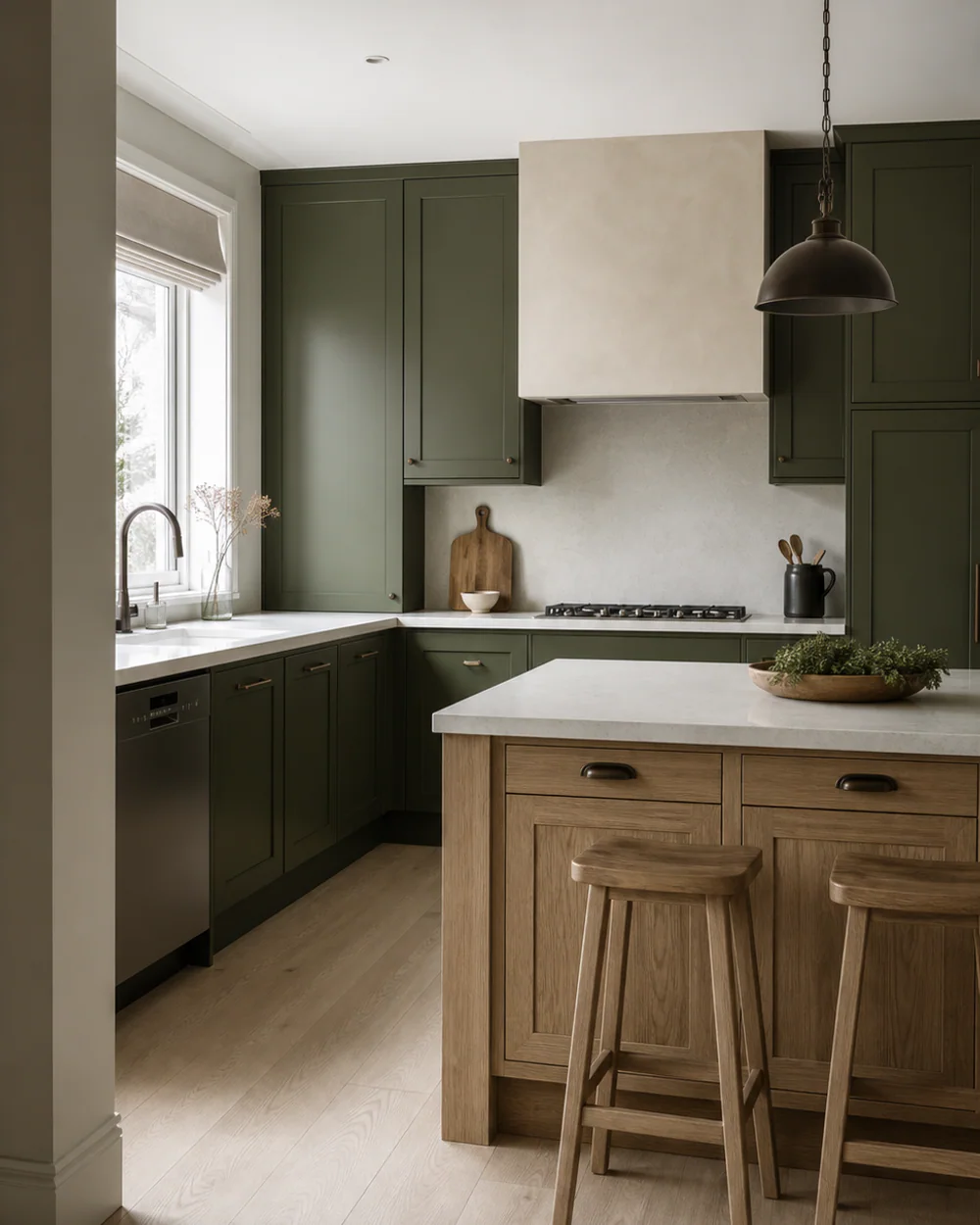 Muebles de cocina bicolor que combinan muebles perimetrales en blanco cálido con una isla de nogal