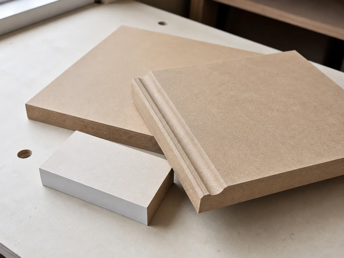 Amostras brutas MDF mostrando superfície lisa, núcleo de fibra uniforme e detalhe fresado limpo