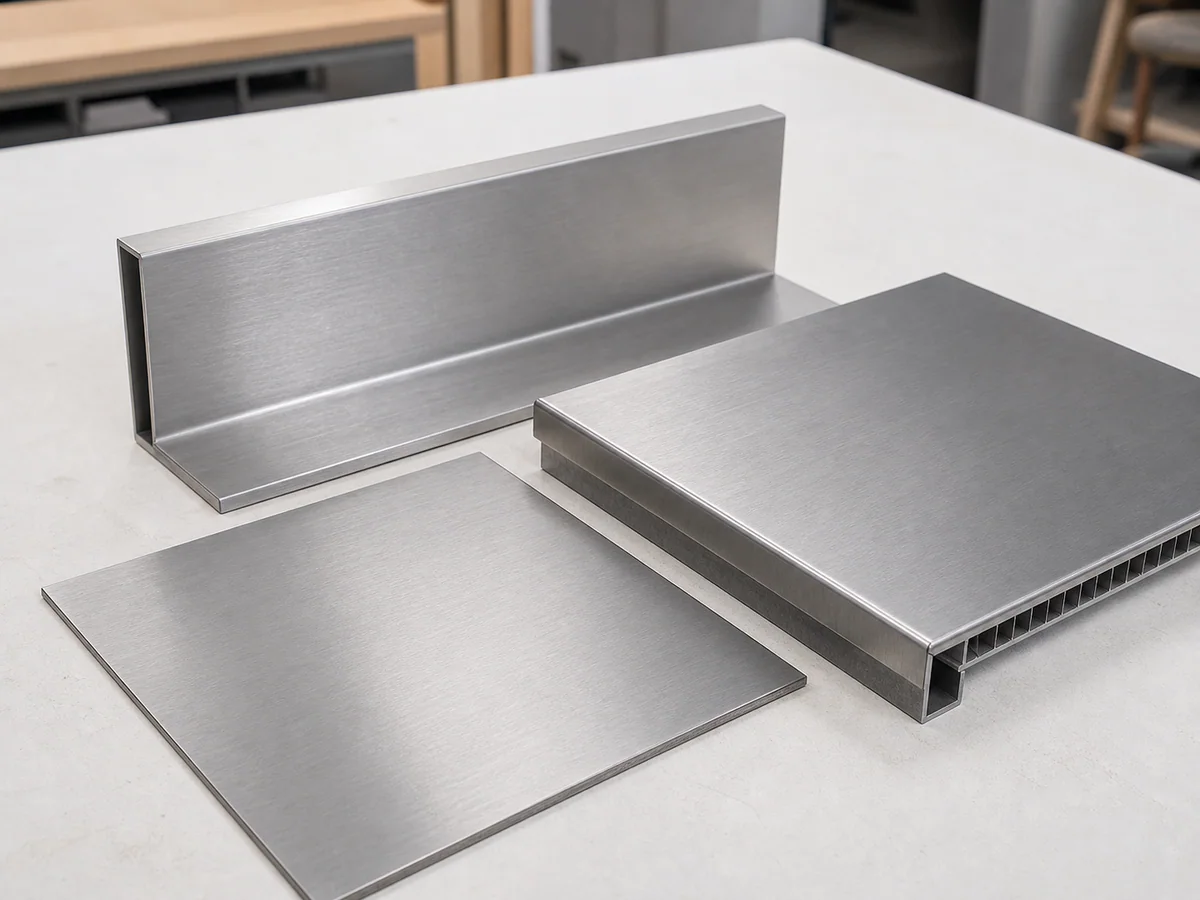 Amostras de aço inox escovado mostrando superfícies lisas, textura fina e borda dobrada