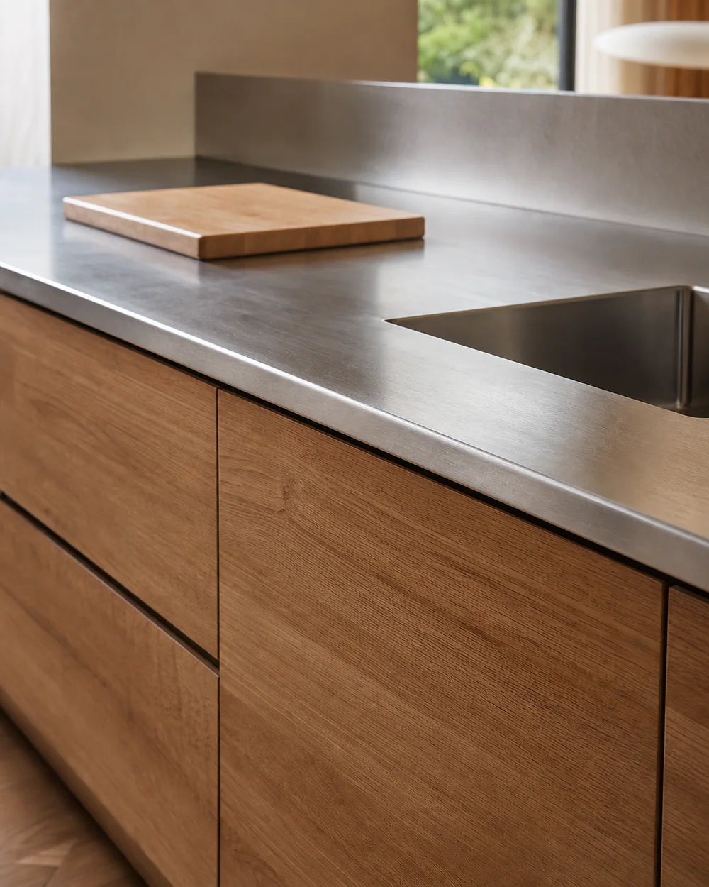 Encimera de cocina de acero inoxidable cepillado con borde doblado y detalle de fregadero integrado