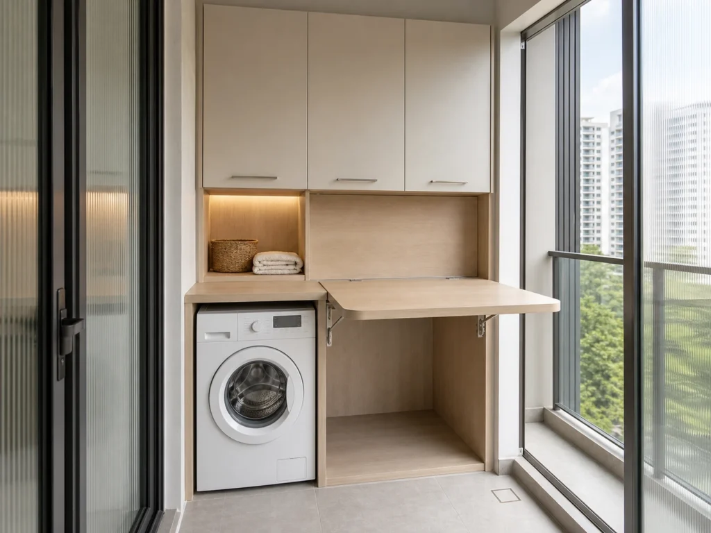 Balcony Laundry Cabinet with Fold-Down Counter