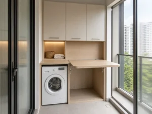 Balcony laundry cabinet with front-loading washer overhead storage and open pale-oak fold-down counter.