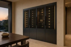 Black stainless steel wine cabinet with smoked glass doors in a modern villa dining room