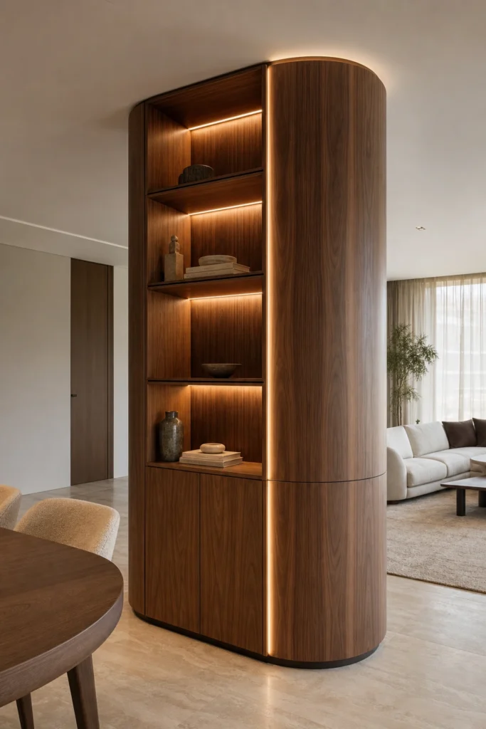 Curved Walnut Column Wrap Display Cabinet image 1