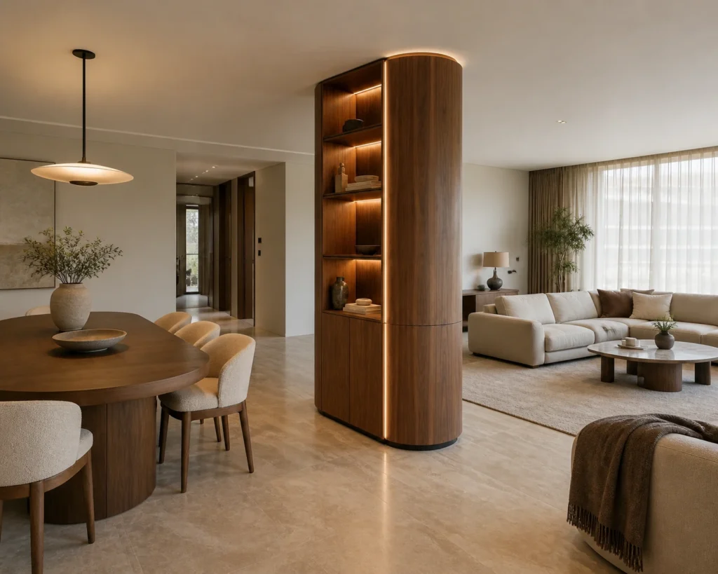 Curved Walnut Column Wrap Display Cabinet