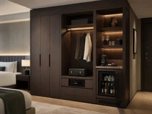 Dark Wood Hotel Room Wardrobe and Minibar Cabinet image 1