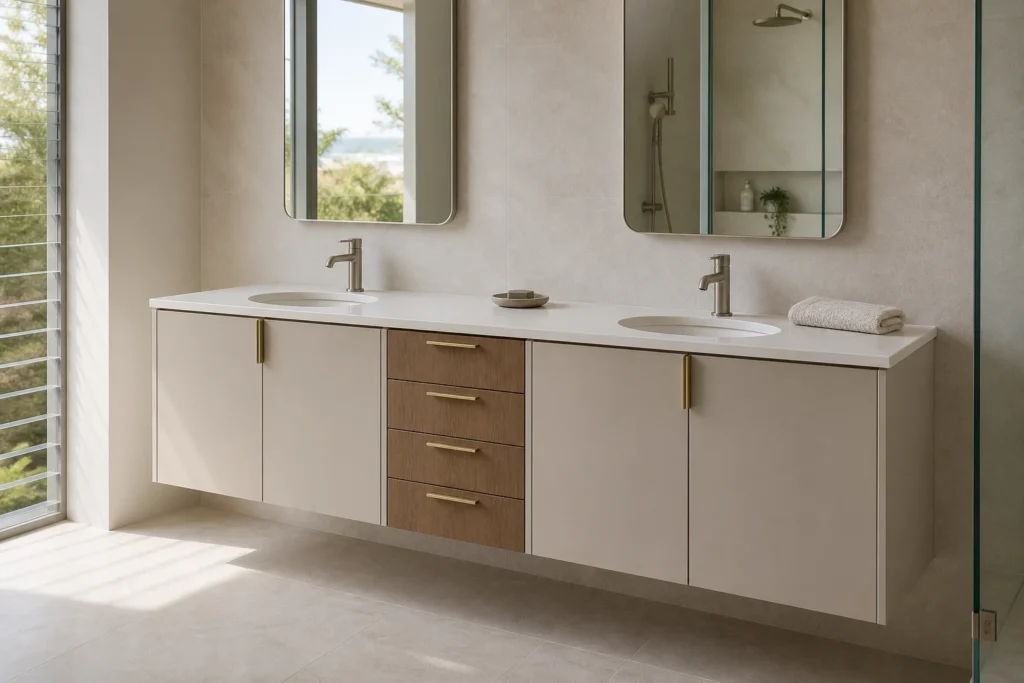 Double Sink Bathroom Vanity with Central Drawer Stack
