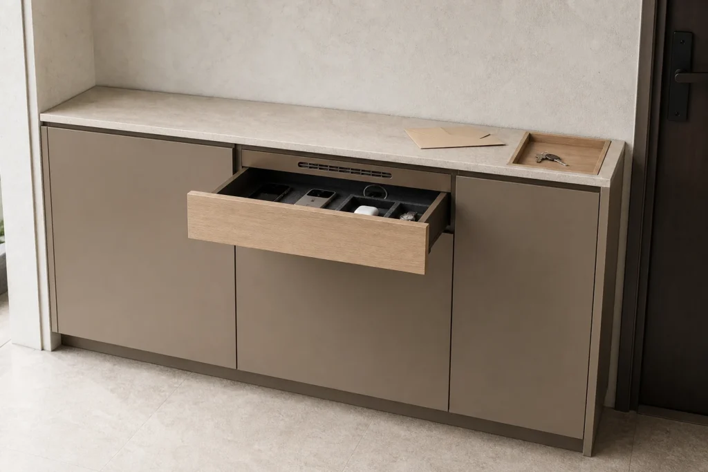Entryway Cabinet with Charging Drawer and Key Drop Zone
