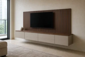 Floating TV cabinet with partial walnut slatted back panel in a refined apartment living room