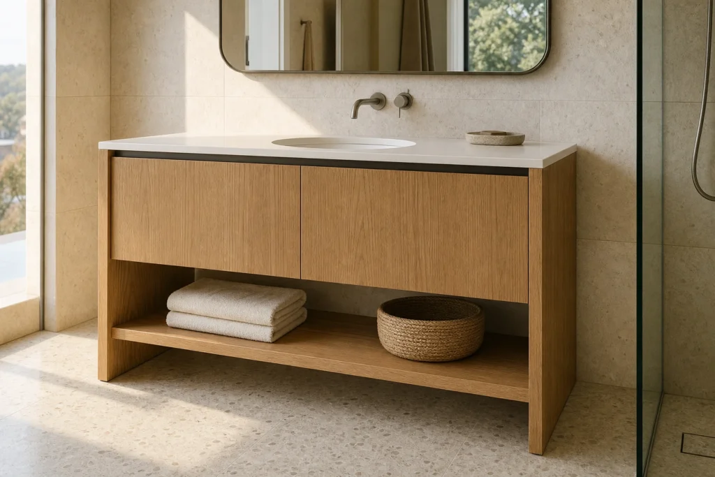 Floor Standing Oak Bathroom Vanity with Open Bottom Shelf