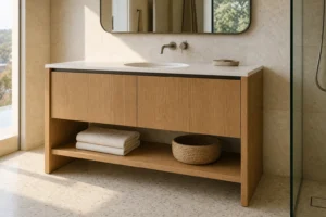 Floor standing oak bathroom vanity with a closed sink cabinet and open bottom towel shelf.