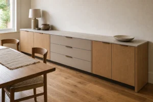 Low dining sideboard cabinet with a stone top beside dining chairs in a narrow room