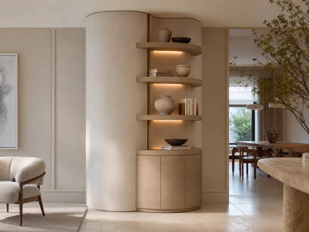 Round Column Display Cabinet with Open Shelves