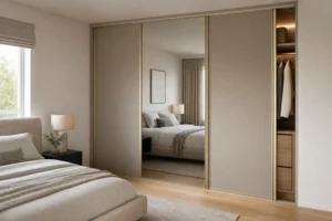 Soft-close three-panel sliding door wardrobe with warm greige panels and a bronze mirror in a compact bedroom.