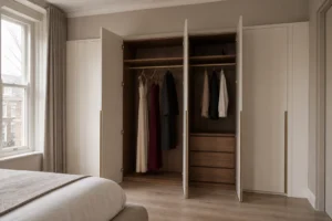 Tall warm-white wardrobe cabinet with an open walnut long dress hanging section and adjacent drawers.