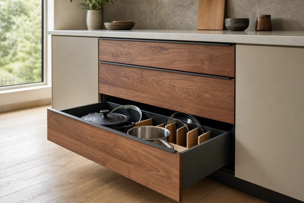 Walnut Drawer Base Kitchen Cabinet with Heavy-Duty Drawers