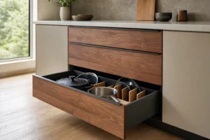 Walnut drawer base kitchen cabinet with the deep full-extension cookware drawer open