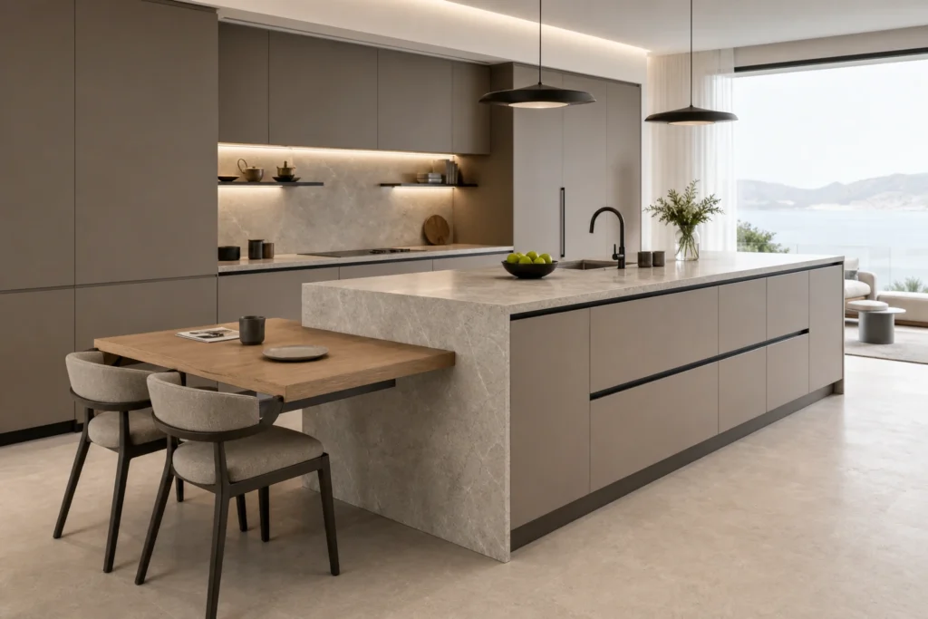 Waterfall Stone Kitchen Island with Oak Dining Extension