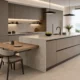 Waterfall Stone Kitchen Island with Oak Dining Extension