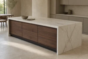 Waterfall stone kitchen island table with a walnut cabinet base in an open-plan villa kitchen